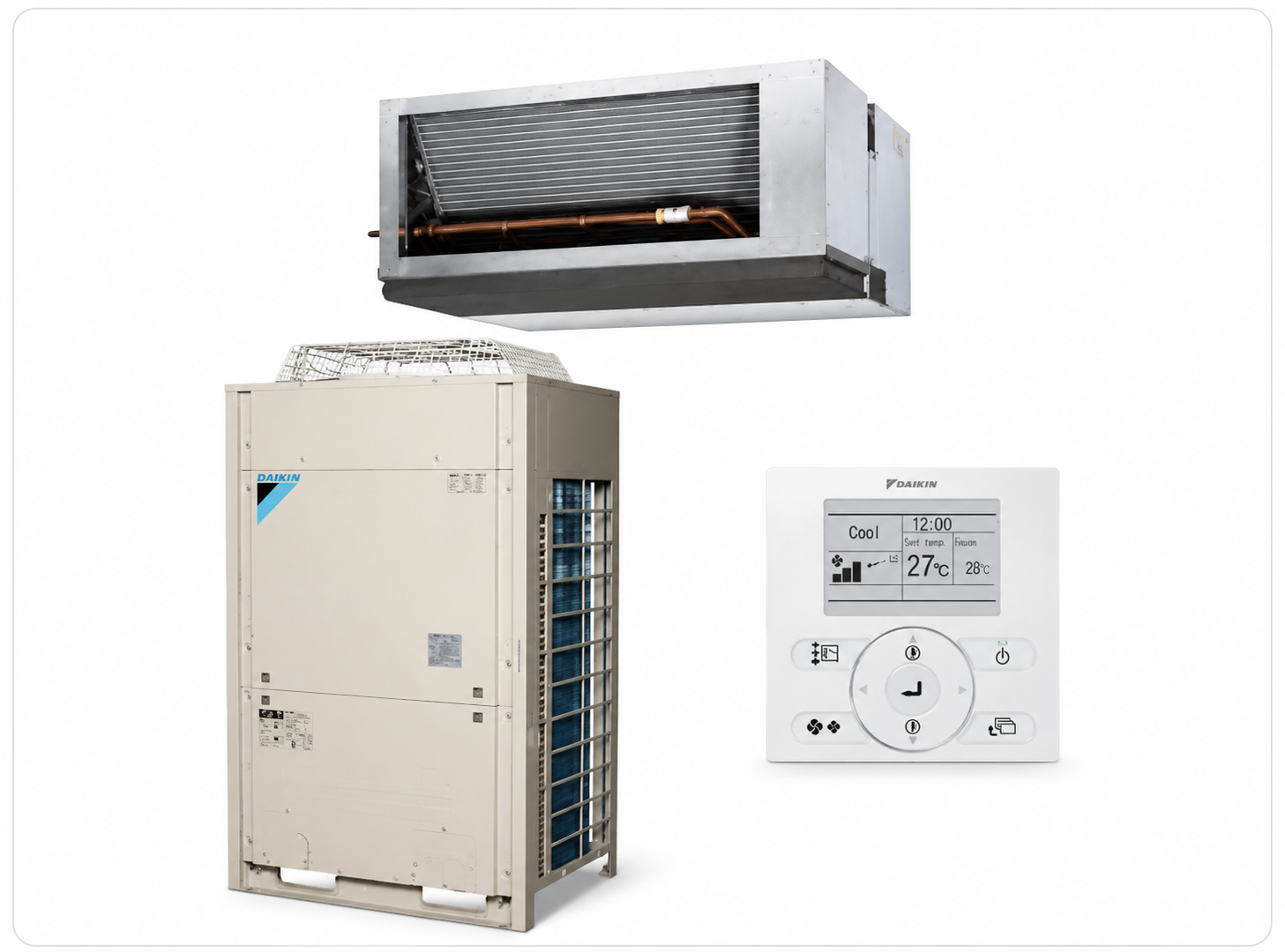 Daikin ducted inverter system: ceiling fan coil unit, outdoor condenser, and wired wall controller