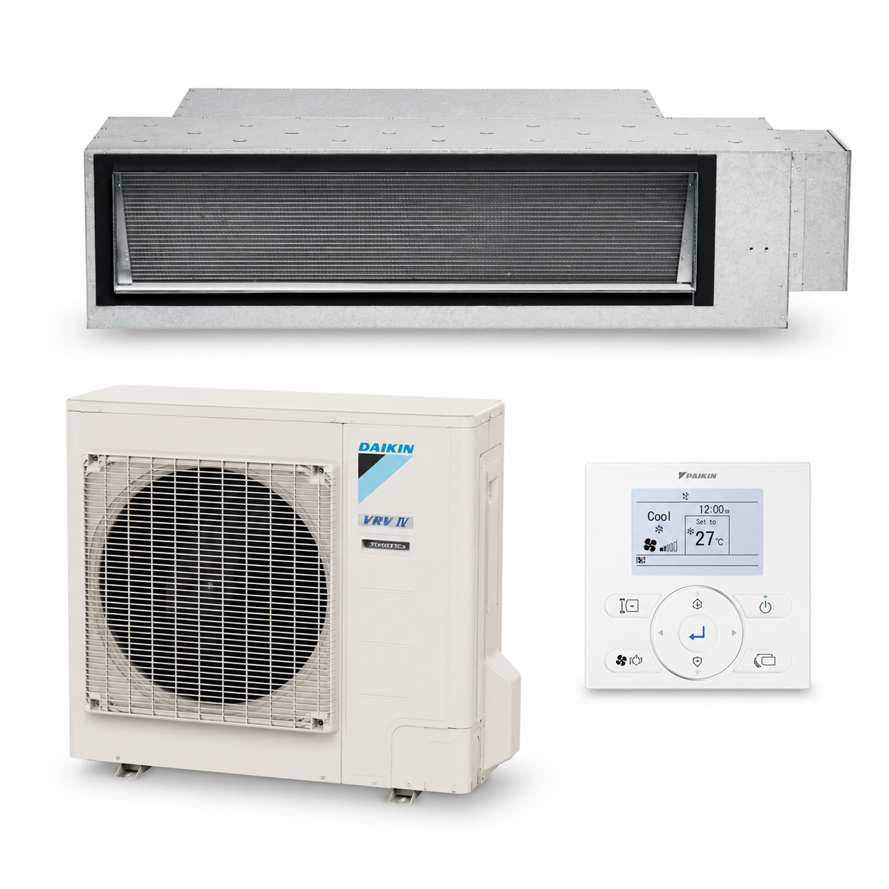 Daikin ducted inverter system: ceiling fan coil unit, outdoor condenser, and wired wall controller